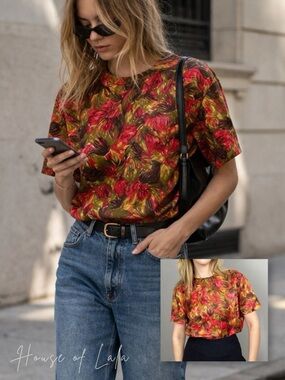 Vintage 90s Floral Print Blouse Red Olive Abstract Top Retro Cottagecore Tee